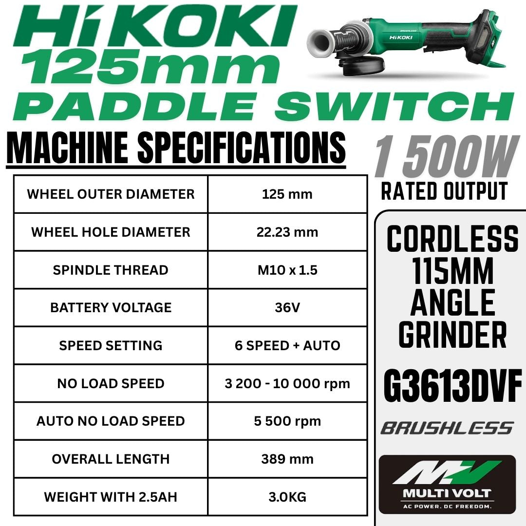 Hikoki 36V Angle Grinder 125mm G3613DVF | Machine Specifications