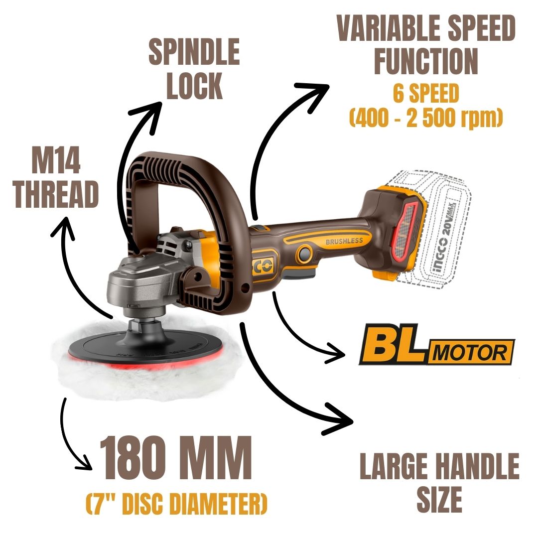 Ingco 20V Polisher 180 mm | Brushless | P20S