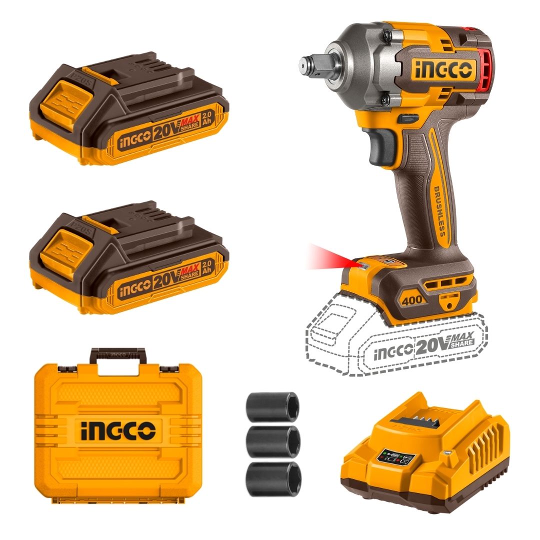 Ingco 20V Impact Wrench 1/2" Kit | 400 Nm | Brushless | P20S