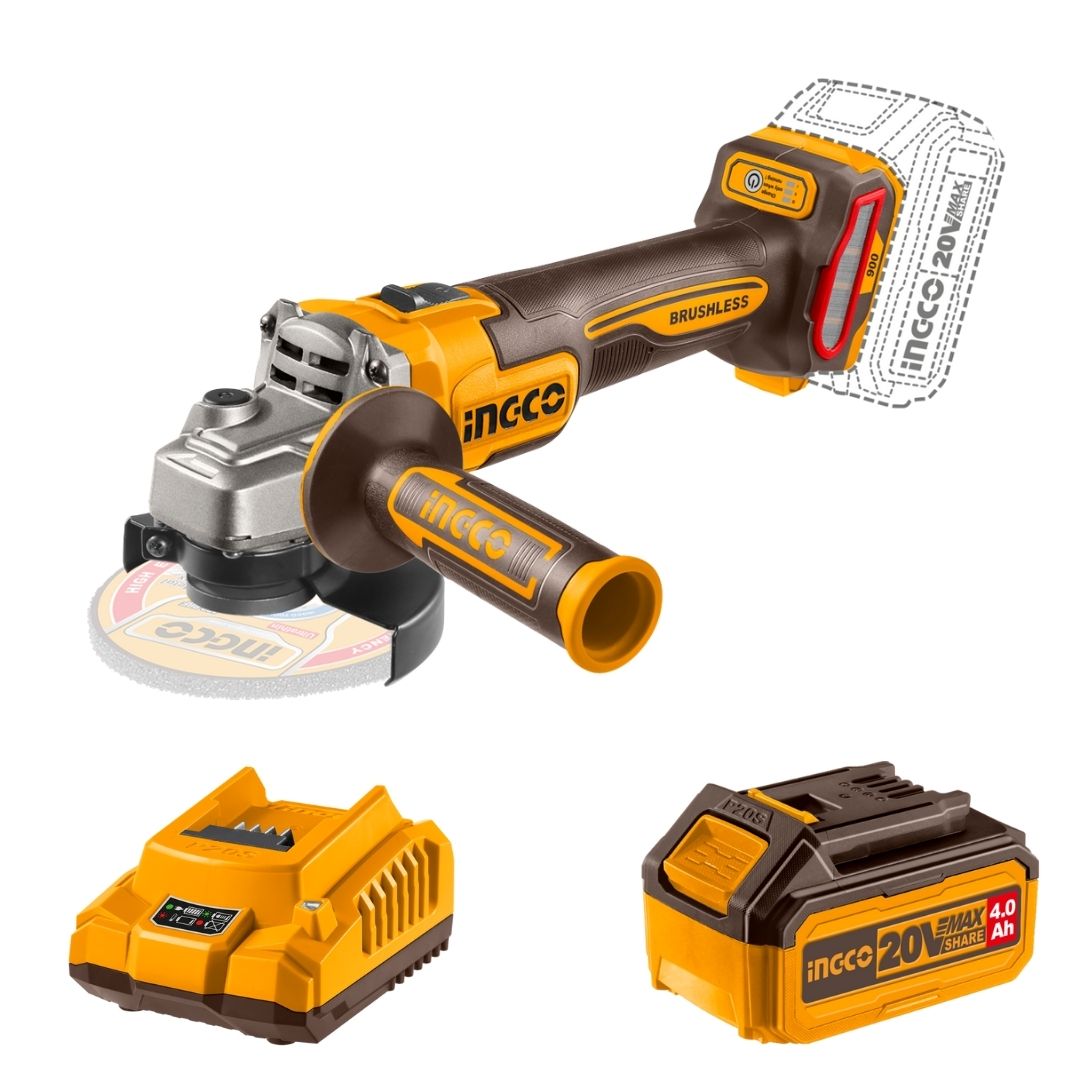 Ingco 20V Angle Grinder 115mm Kit | 900W | Brushless | P20S