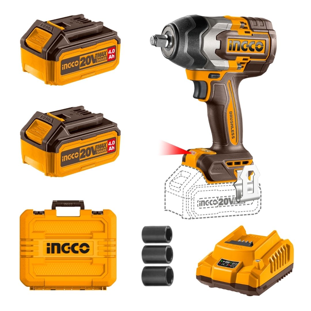 Ingco 20V Impact Wrench 1/2" Kit | 850 Nm | Brushless | P20S