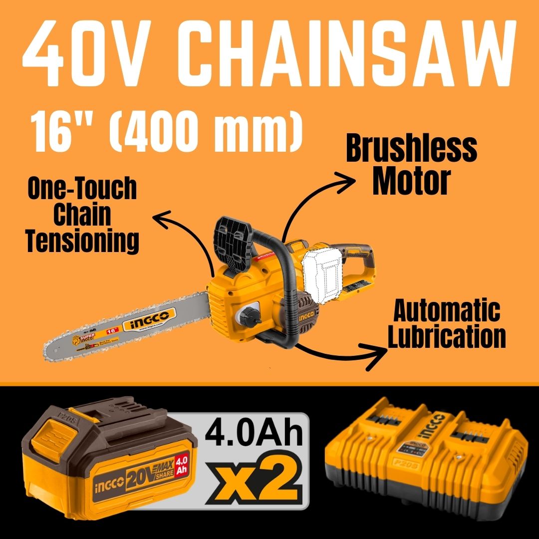 Ingco 40V Chainsaw Brushless Kit | 16" (400 mm) | P20S