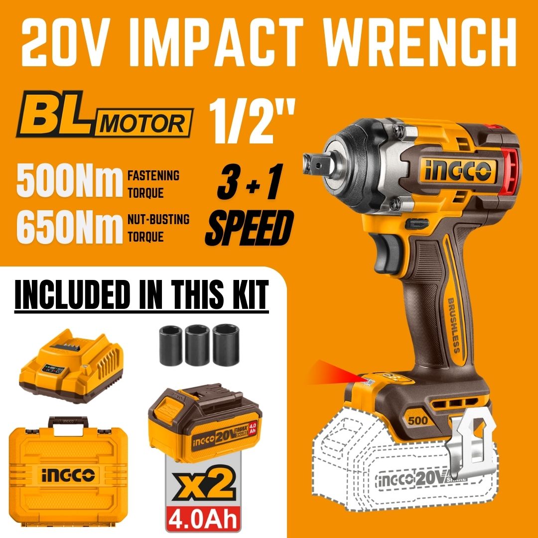 Ingco 20V Impact Wrench 1/2" Kit | 500 Nm | Brushless | P20S