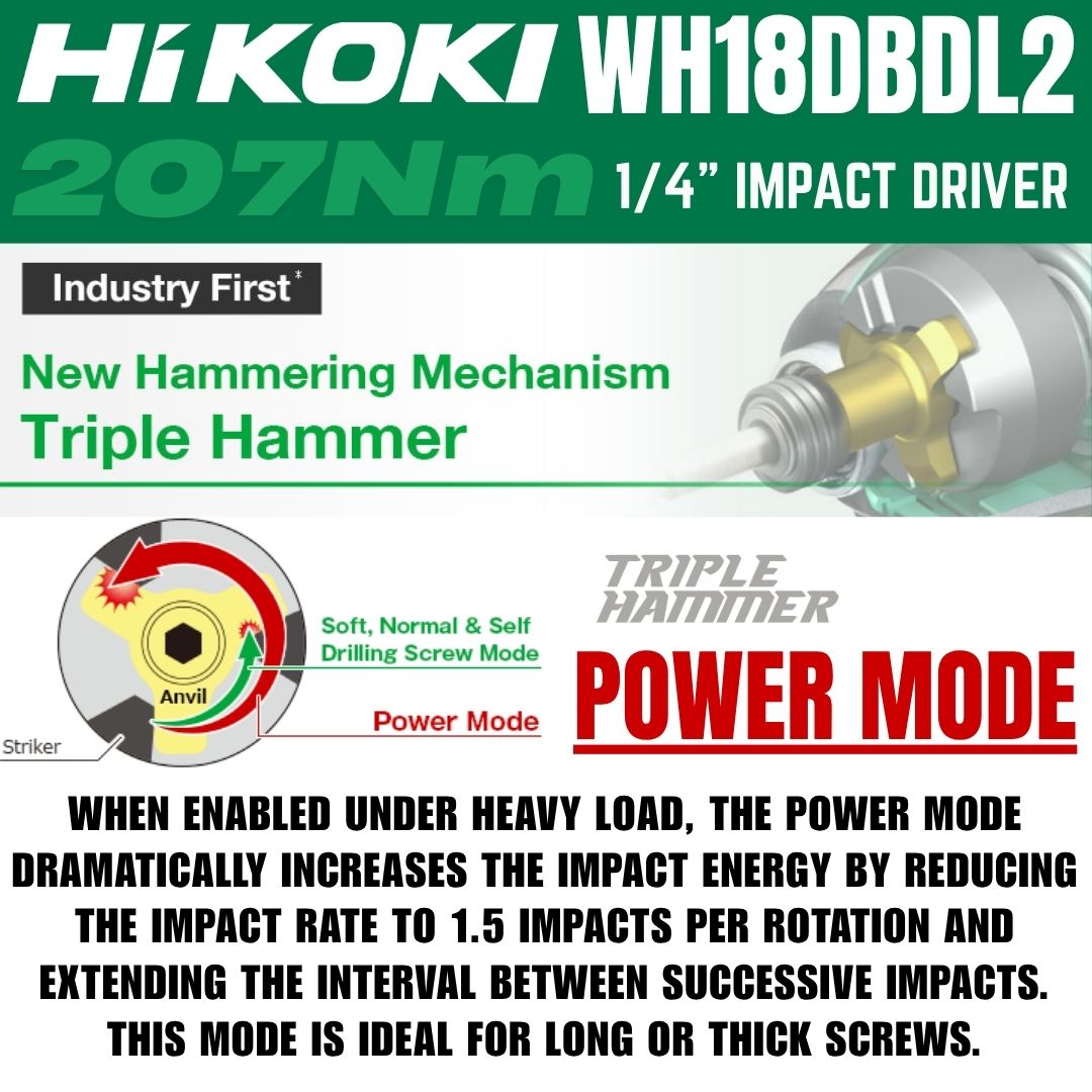 Hikoki 18V Impact Driver WH18DBDL2 - Triple Hammer