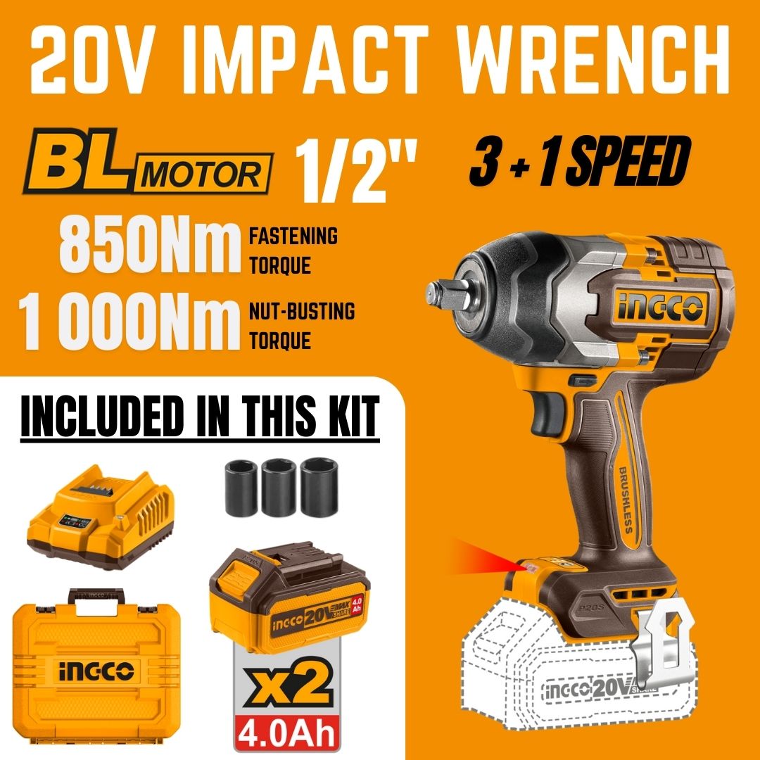 Ingco 20V Impact Wrench 1/2" Kit | 850 Nm | Brushless | P20S