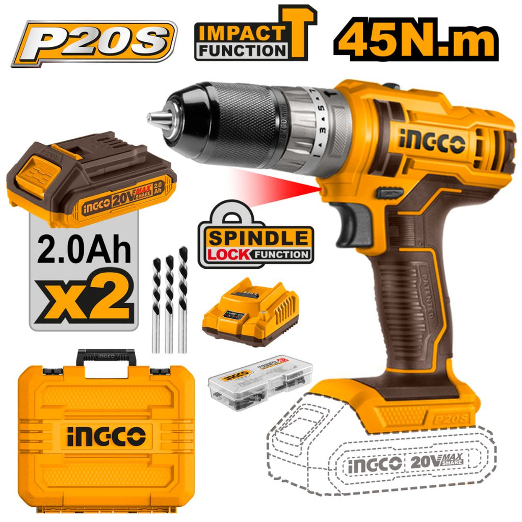Strepiekode Ingco 20V Drill Set 45Nm (2x Batteries + Charger) - CIDLI201452 ...