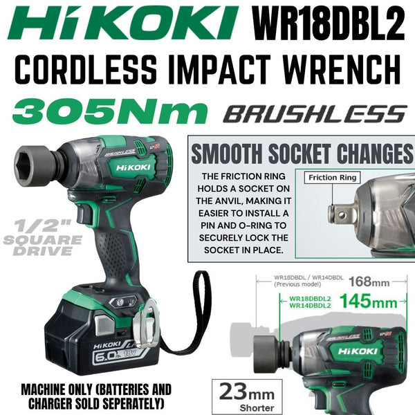 Hikoki 18V Impact Wrench WR18DBDL2 (305Nm) - 1/2