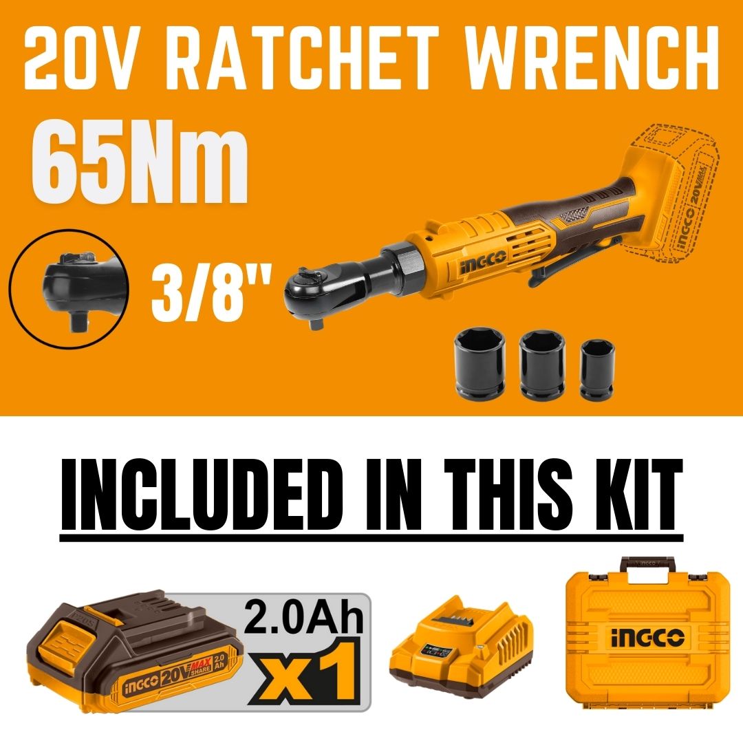 Ingco 20V Ratchet Wrench Driver 3/8" Kit | 65 Nm | P20S