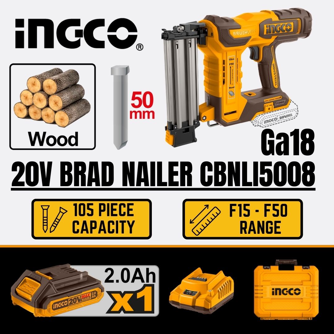 Ingco 20V Brad Nailer 50 mm Kit | Air Assisted | P20S