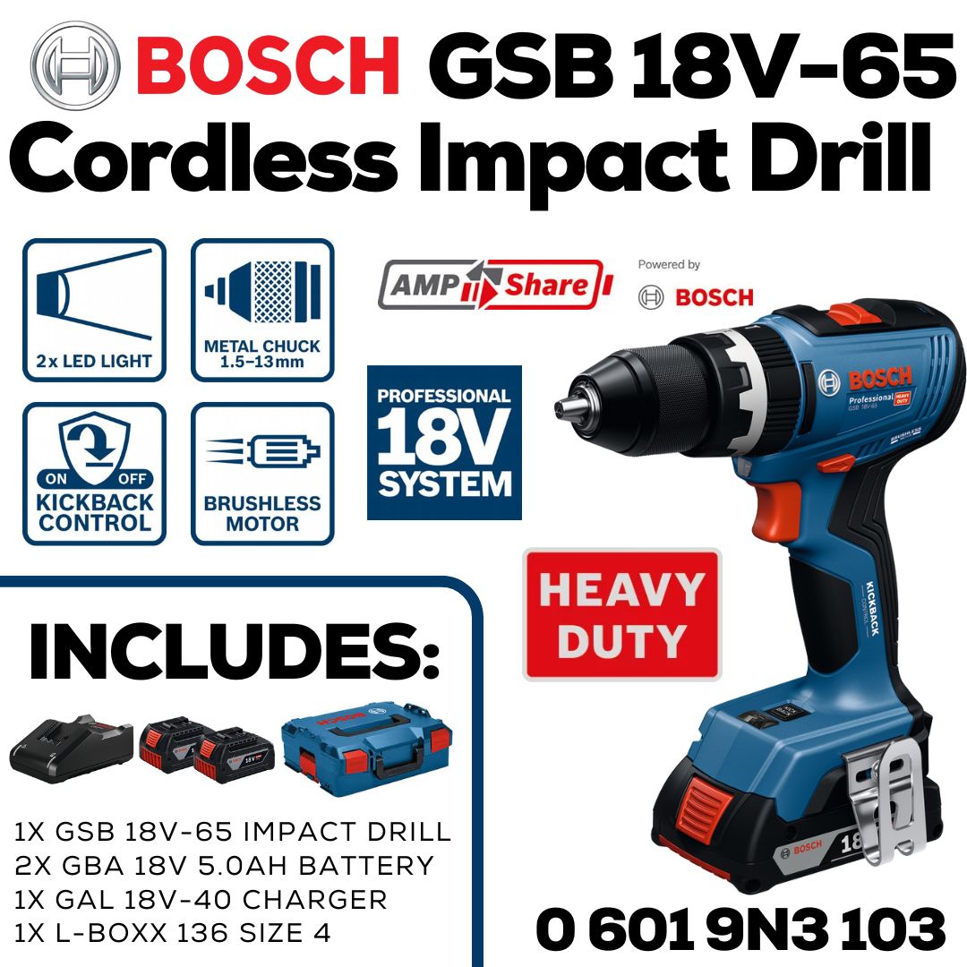 Bosch GSB 18V-65 Cordless Impact Drill Kit - Bethanie Hardware