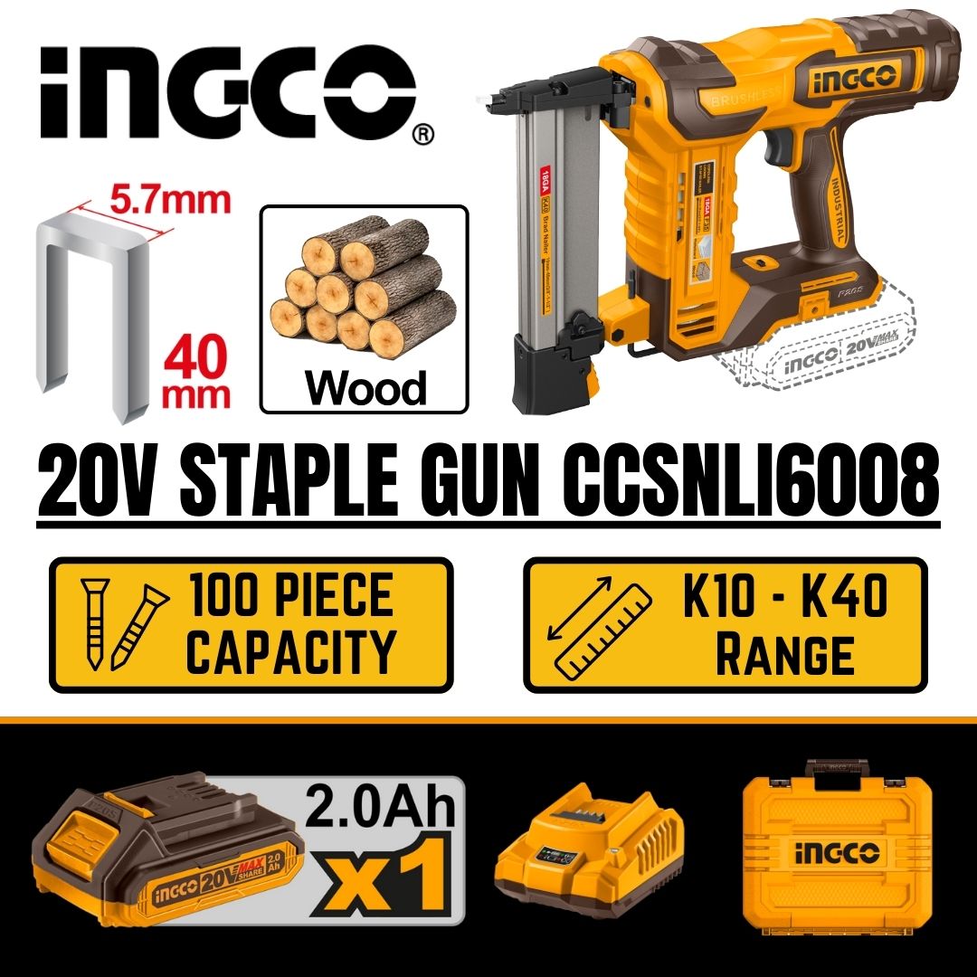 Ingco 20V Crown Stapler 40 mm Kit | Air Assisted | P20S