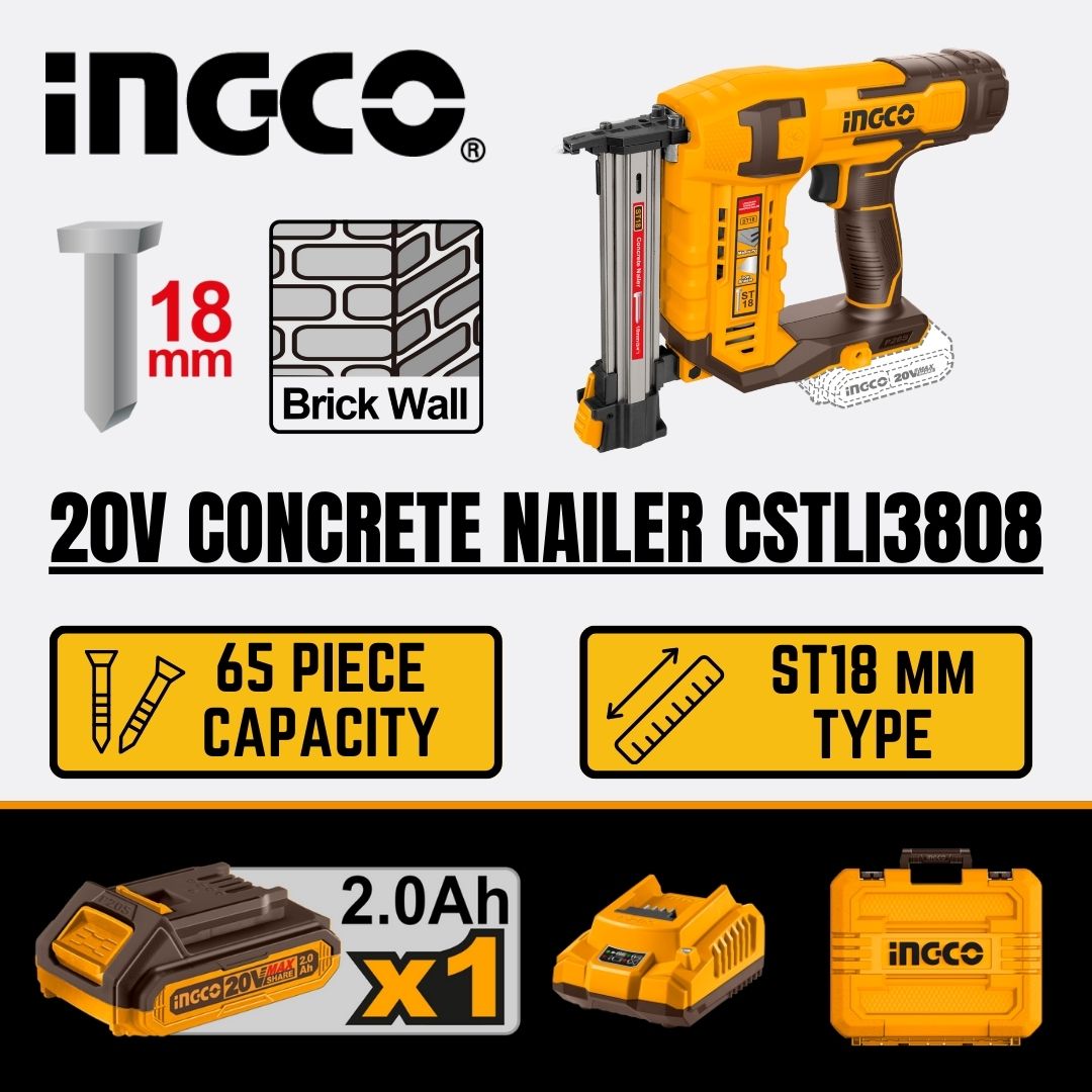 Ingco 20V Conrete Nailer 18 mm Kit | Air Assisted | P20S