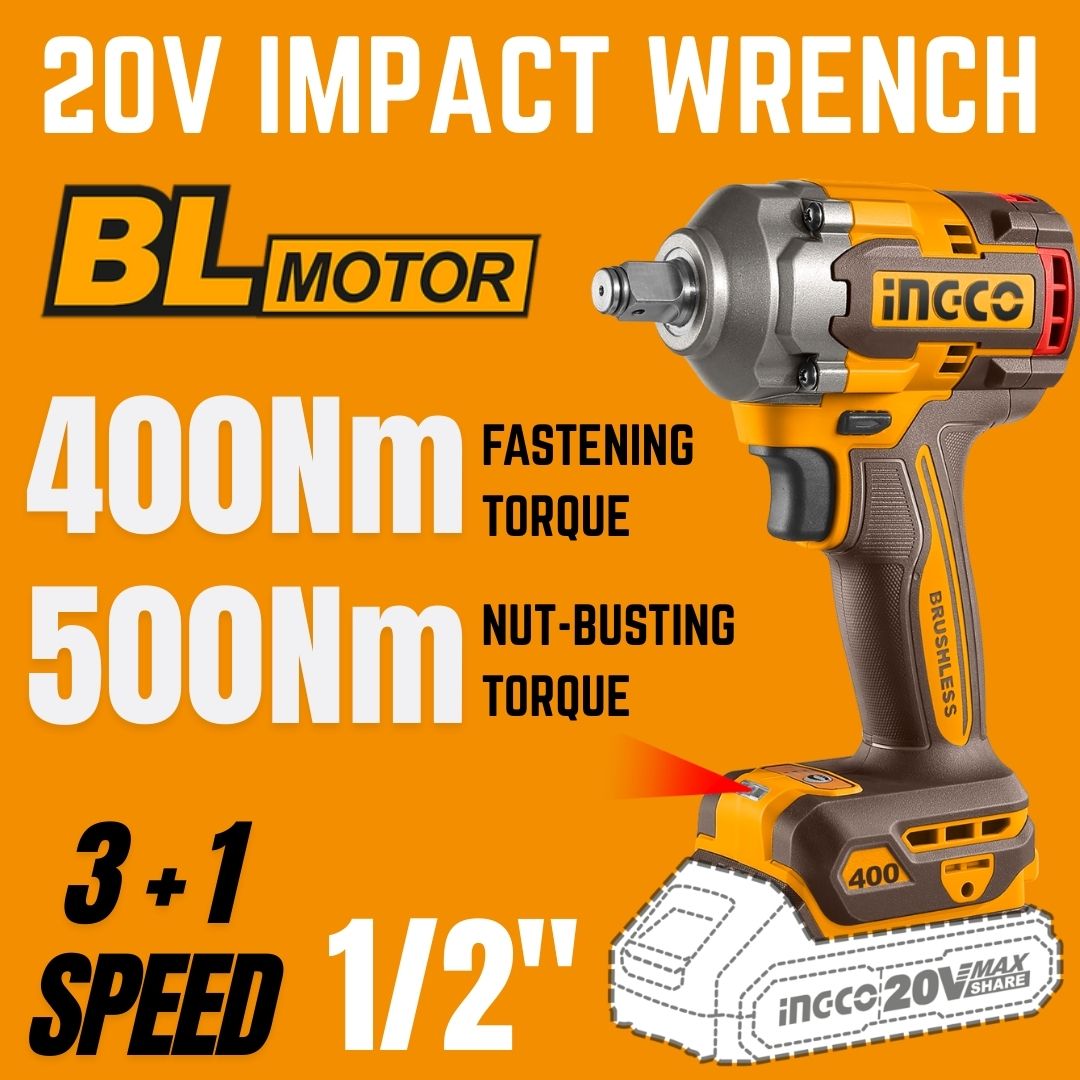 Ingco 20V Impact Wrench 1/2" | 400 Nm | Brushless | P20S