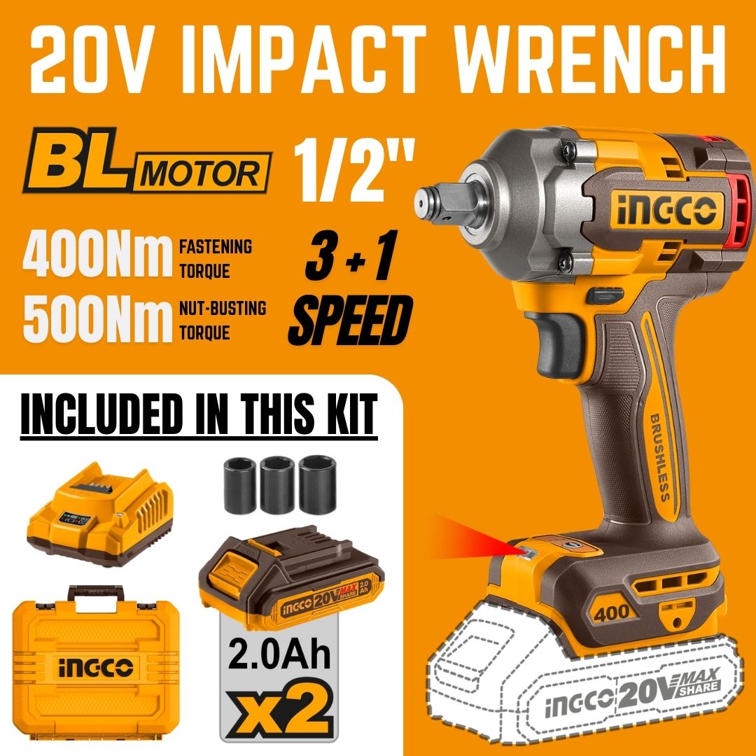 Ingco 20V Impact Wrench 1/2" Kit | 400 Nm | Brushless | P20S