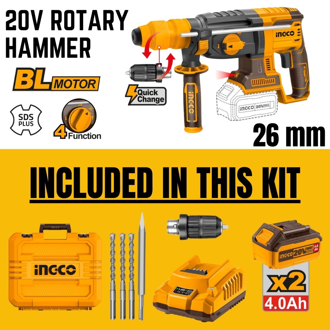 Ingco 20V Rotary Hammer SDS Plus Kit | 26 mm | Brushless | P20S