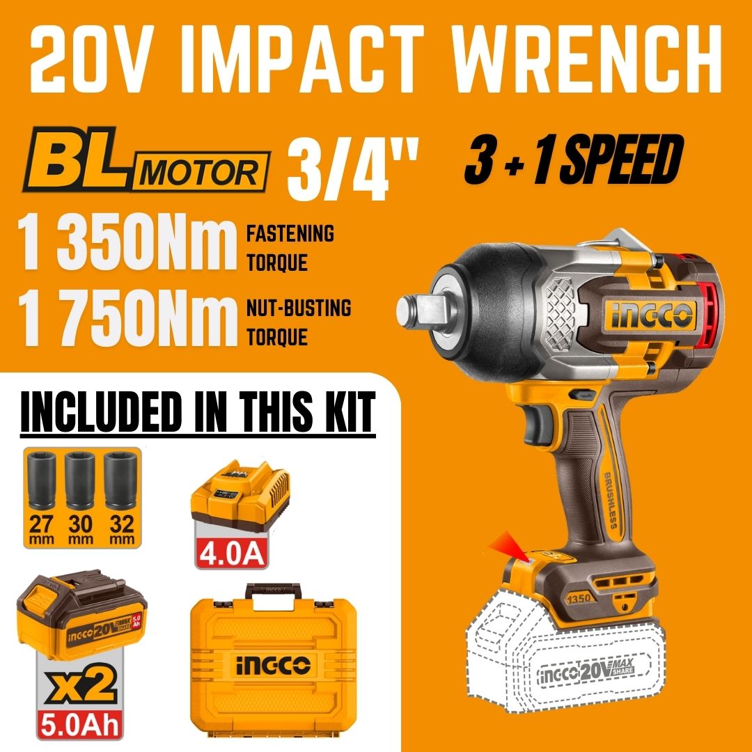 Ingco 20V Impact Wrench 3/4" Kit | 1 350 Nm | Brushless | P20S