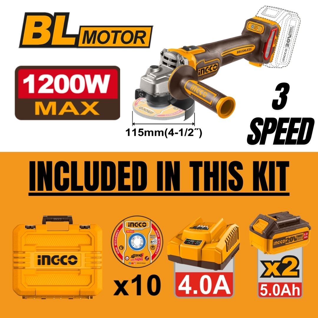 Ingco 20V Angle Grinder 115mm Kit | 1 200W | Brushless | P20S