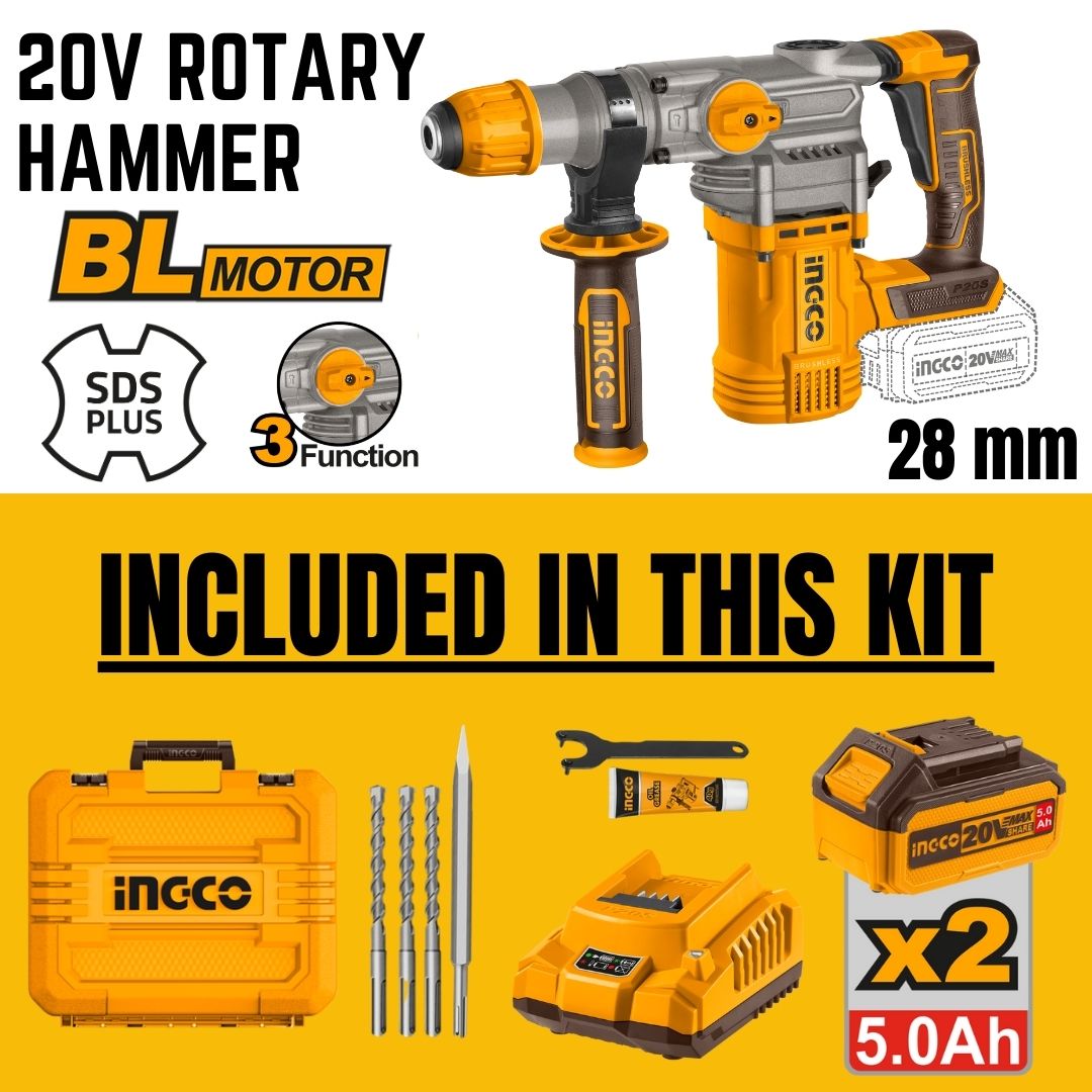 Ingco 20V Rotary Hammer SDS Plus Kit | 28 mm | Brushless | P20S