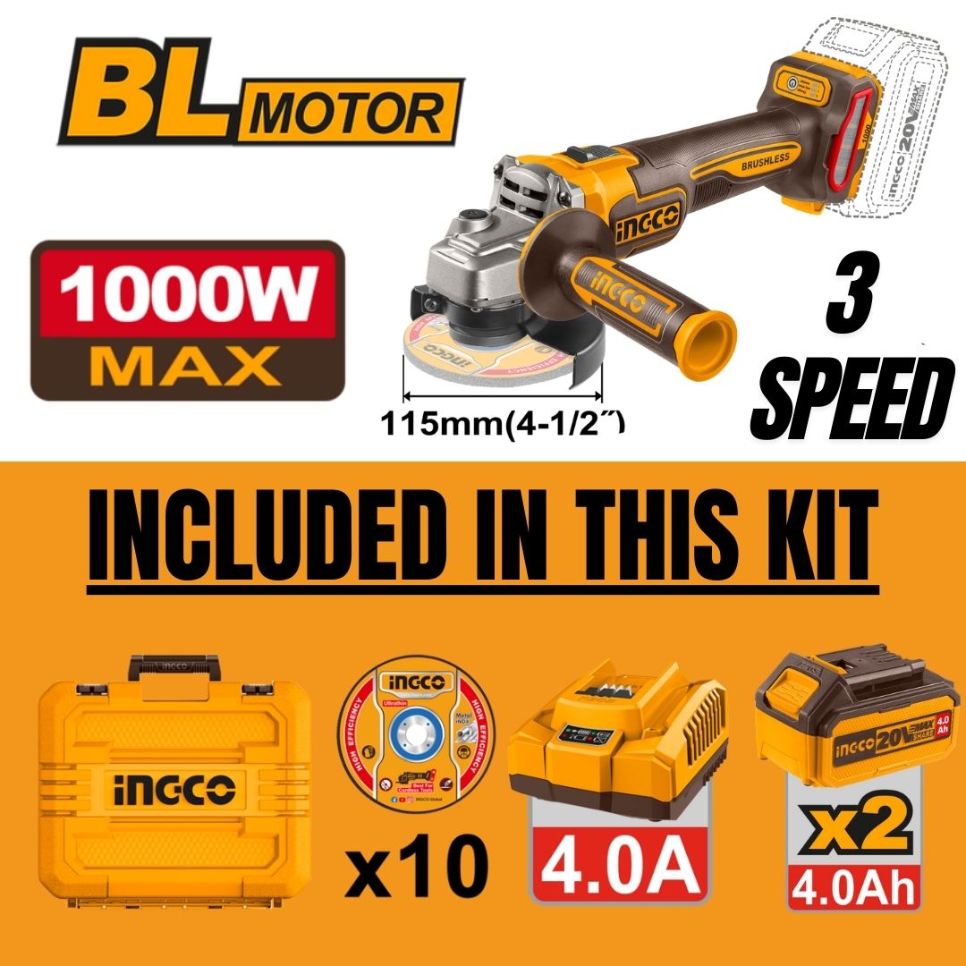 Ingco 20V Angle Grinder 115mm Kit | 1 000W | Brushless | P20S