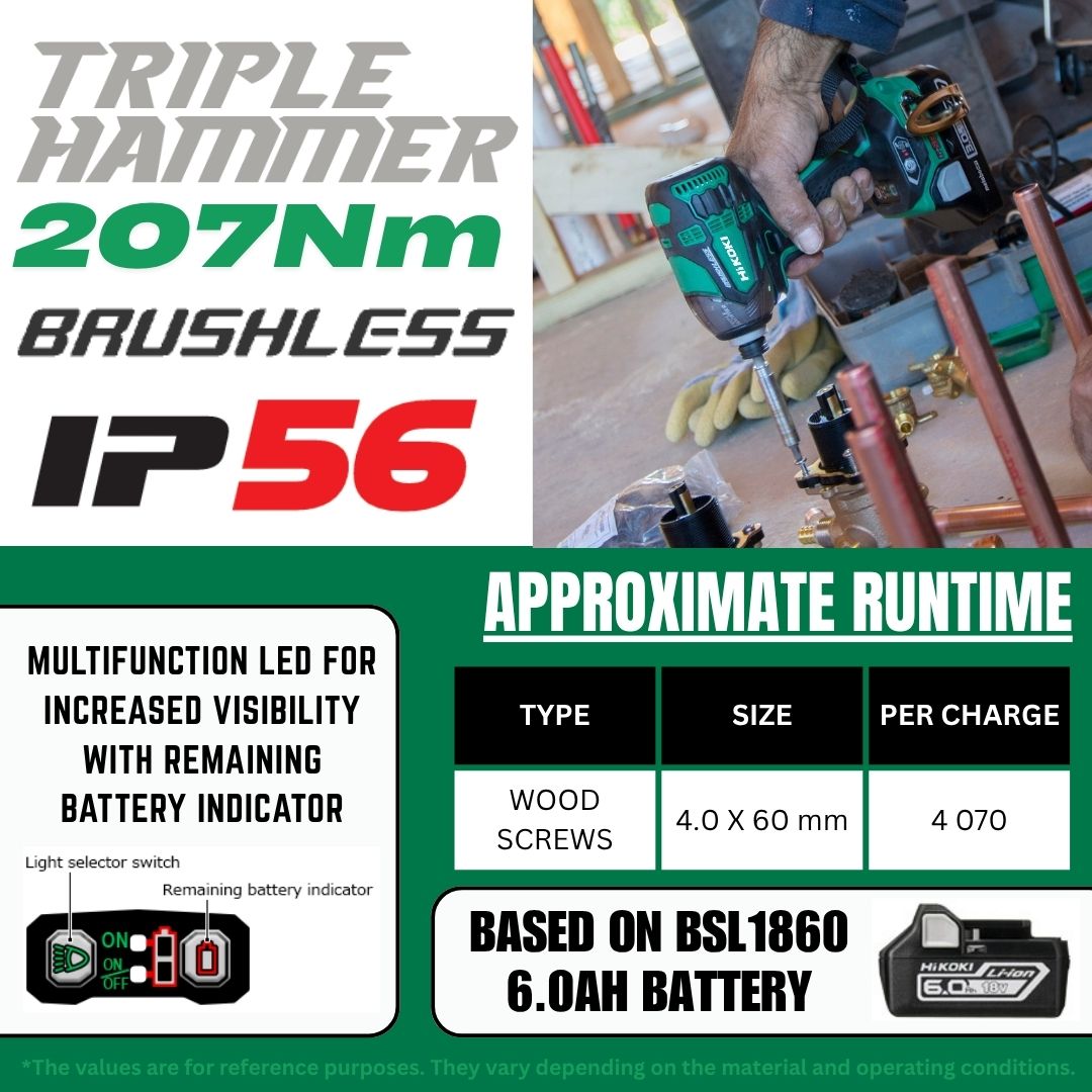 Hikoki 18V Impact Driver WH18DBDL2 (Triple Hammer) - Brushless Motor