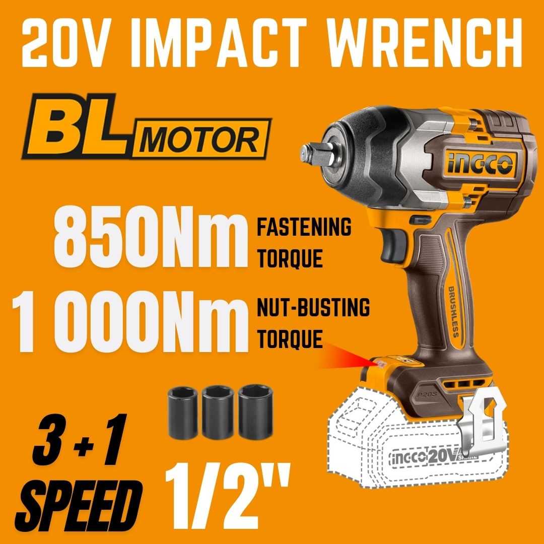 Ingco 20V Impact Wrench 1/2" | 850 Nm | Brushless | P20S
