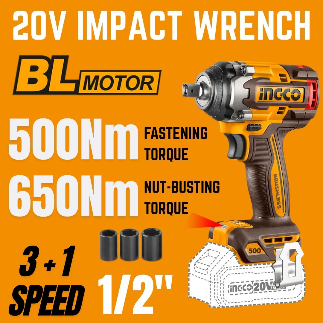 Ingco 20V Impact Wrench 1/2" | 500 Nm | Brushless | P20S