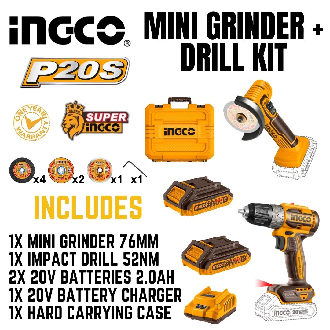 Ingco 20V Drill and Mini Grinder Kit - Bethanie Hardware