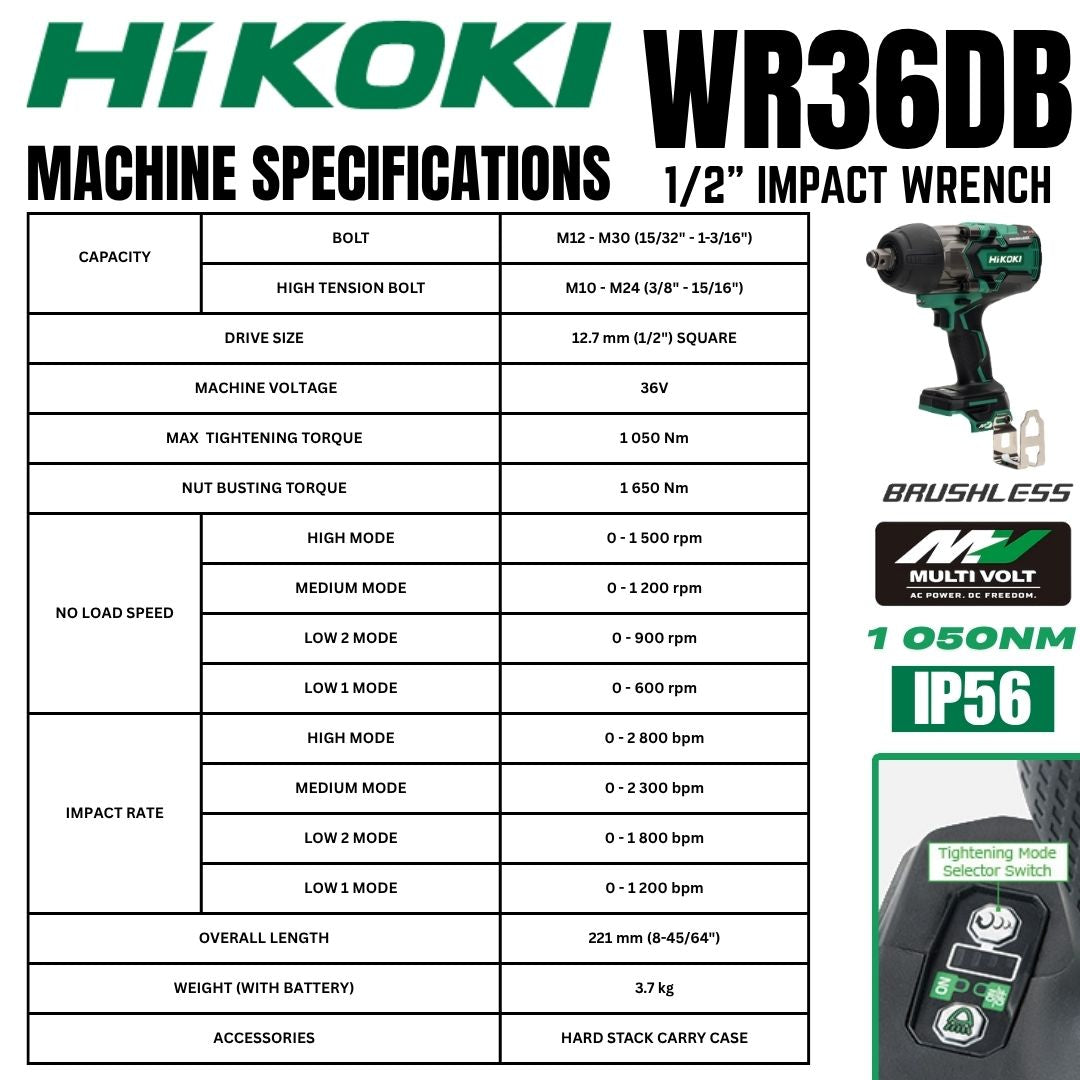 Hikoki 36V Impact Wrench WR36DB (1 050Nm) | Machine Specifications