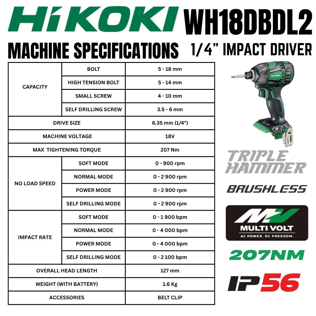 Hikoki 18V Impact Driver WH18DBDL2 (Triple Hammer) - Machine Specifications