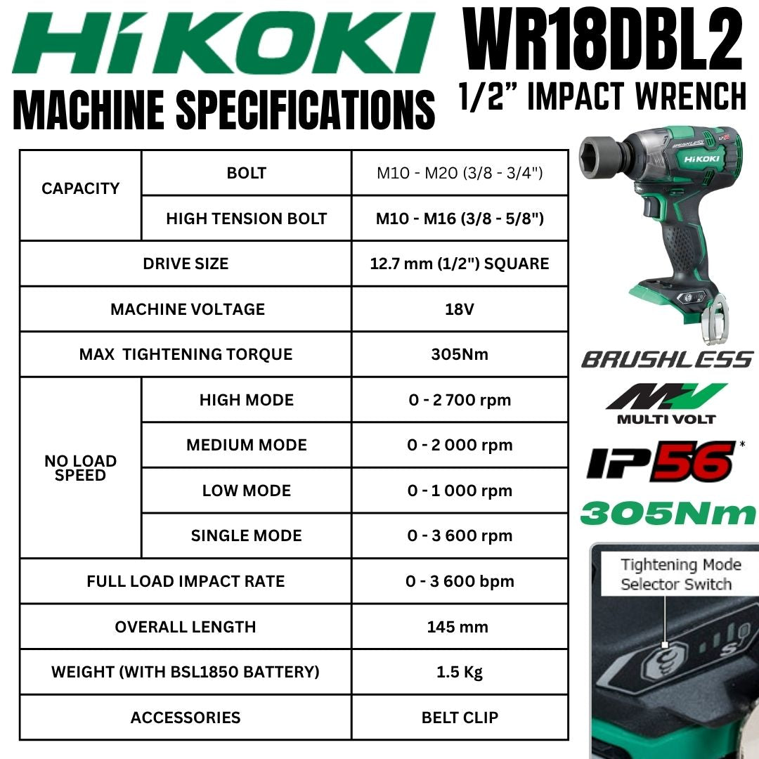 Hikoki 18V Impact Wrench WR18DBDL2 (305Nm) - Machine Specs