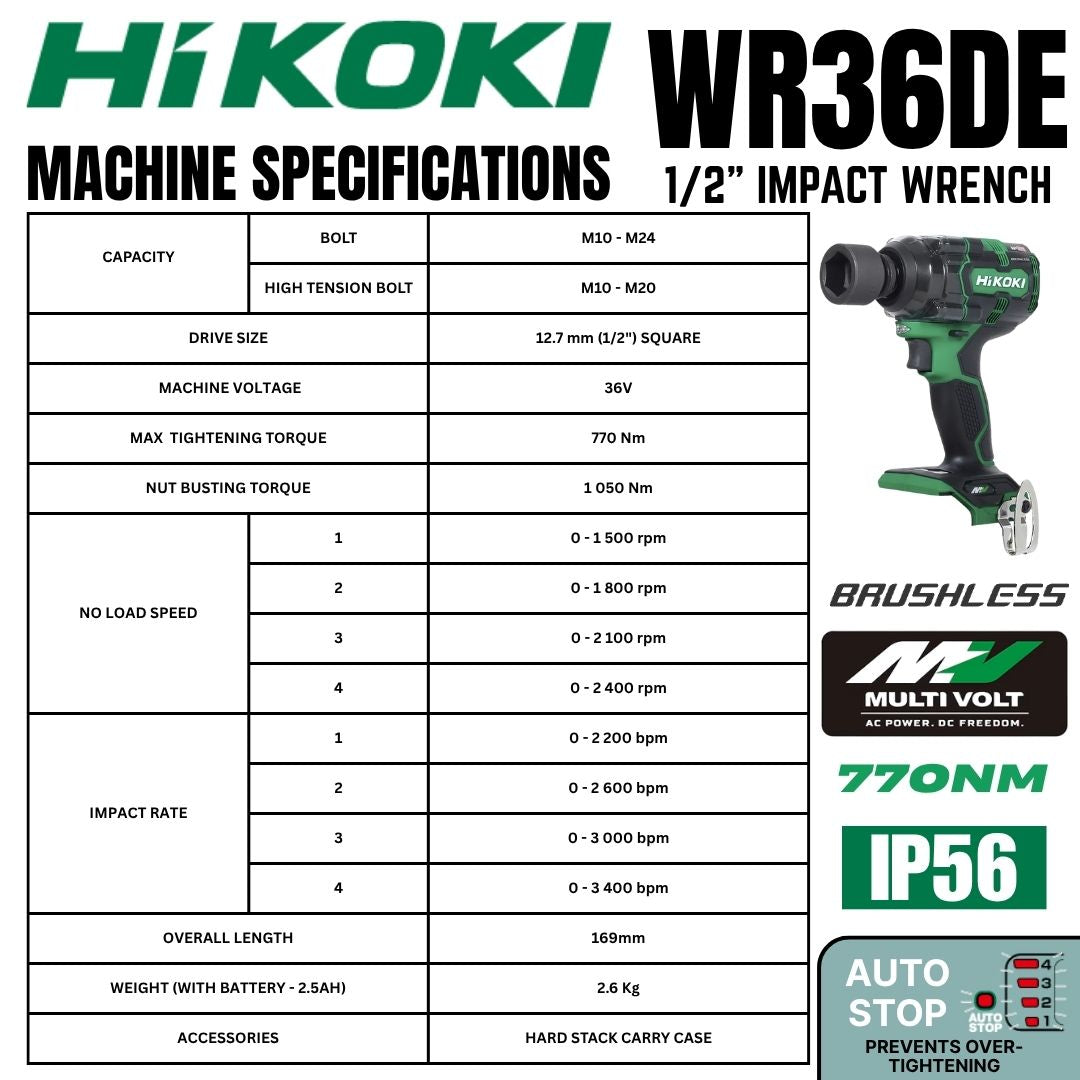 Hikoki 36V Impact Wrench WR36DE (770Nm) | Machine Specifications