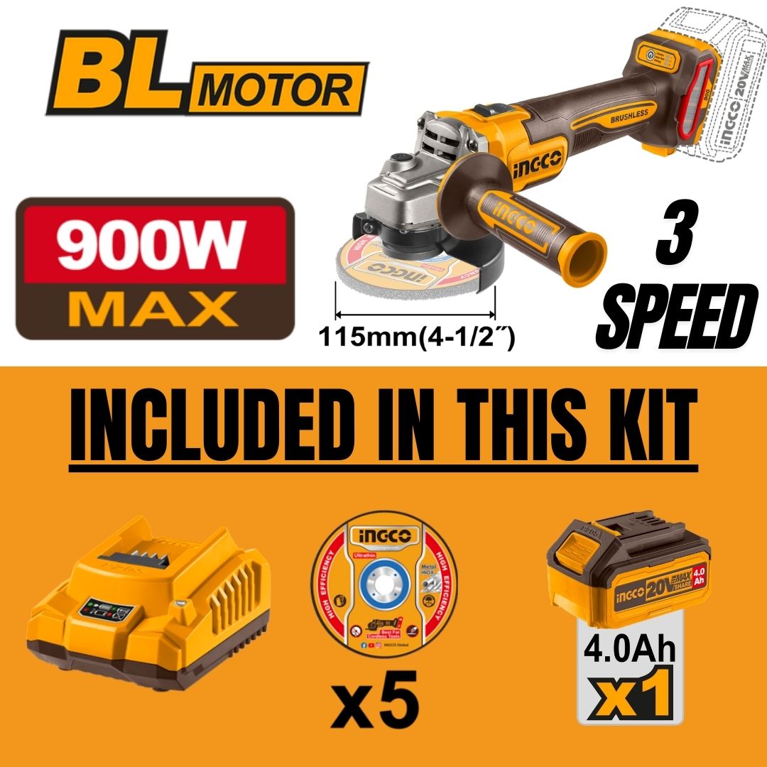 Ingco 20V Angle Grinder 115mm Kit | 900W | Brushless | P20S