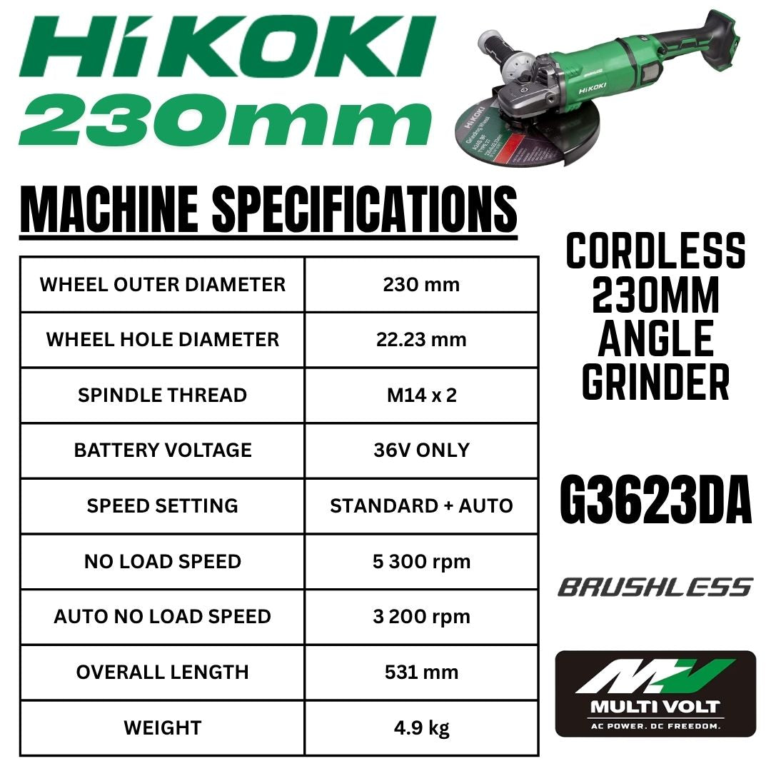Hikoki 36V Angle Grinder 230mm G3623DA - Machine Specifications 
