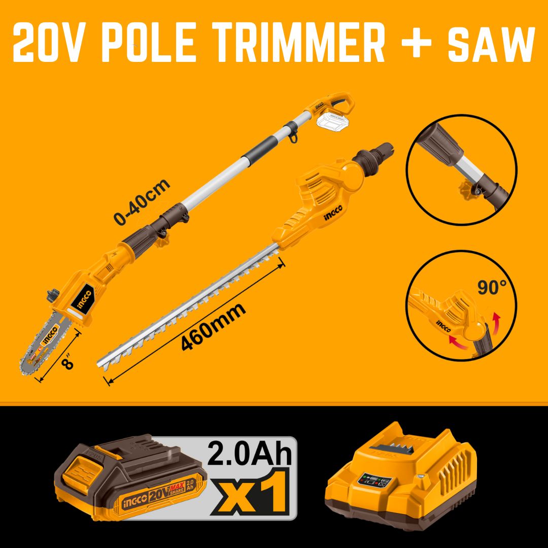 Ingco 20V Pole Hedge Trimmer & Saw Kit | Cordless | P20S