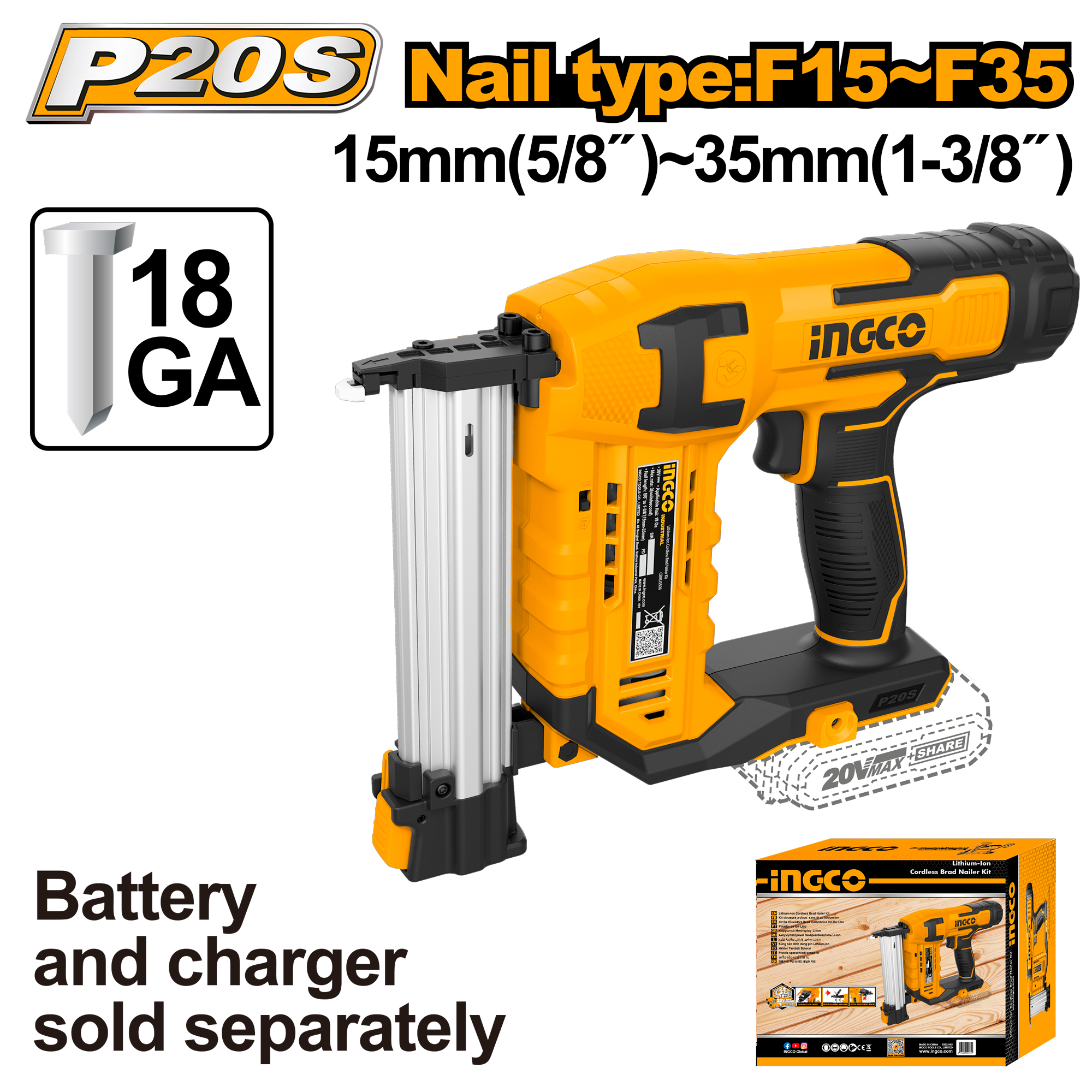 Ingco 20V Brad Nailer 35 mm | Air Assisted | P20S