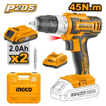 Ingco 20V PS+ C/L DRILL 45NM KIT 2 BATTERIES + CHARGER IN HARD CASE
