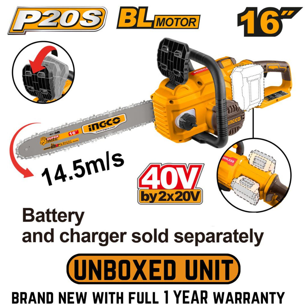 Ingco 20V (20V + 20V) Chainsaw 16" - Unboxed Unit