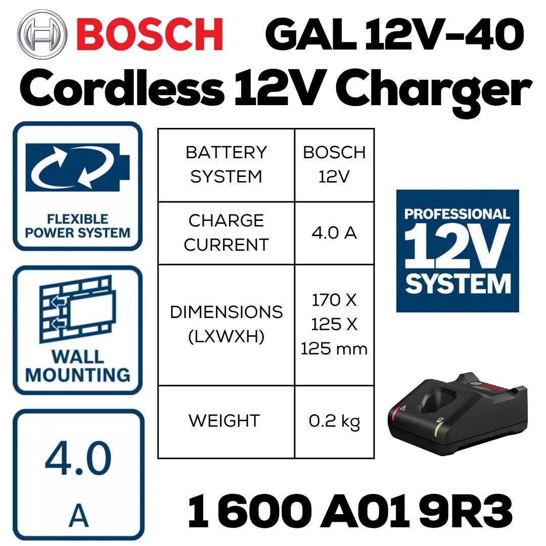Bosch GAL 12V-40 Cordless Battery Charger - Specifications