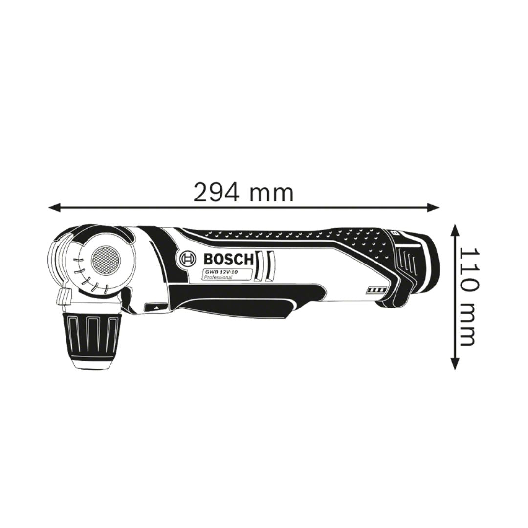 Bosch GWB 12V-10 Cordless Angle Driver - Dimensions