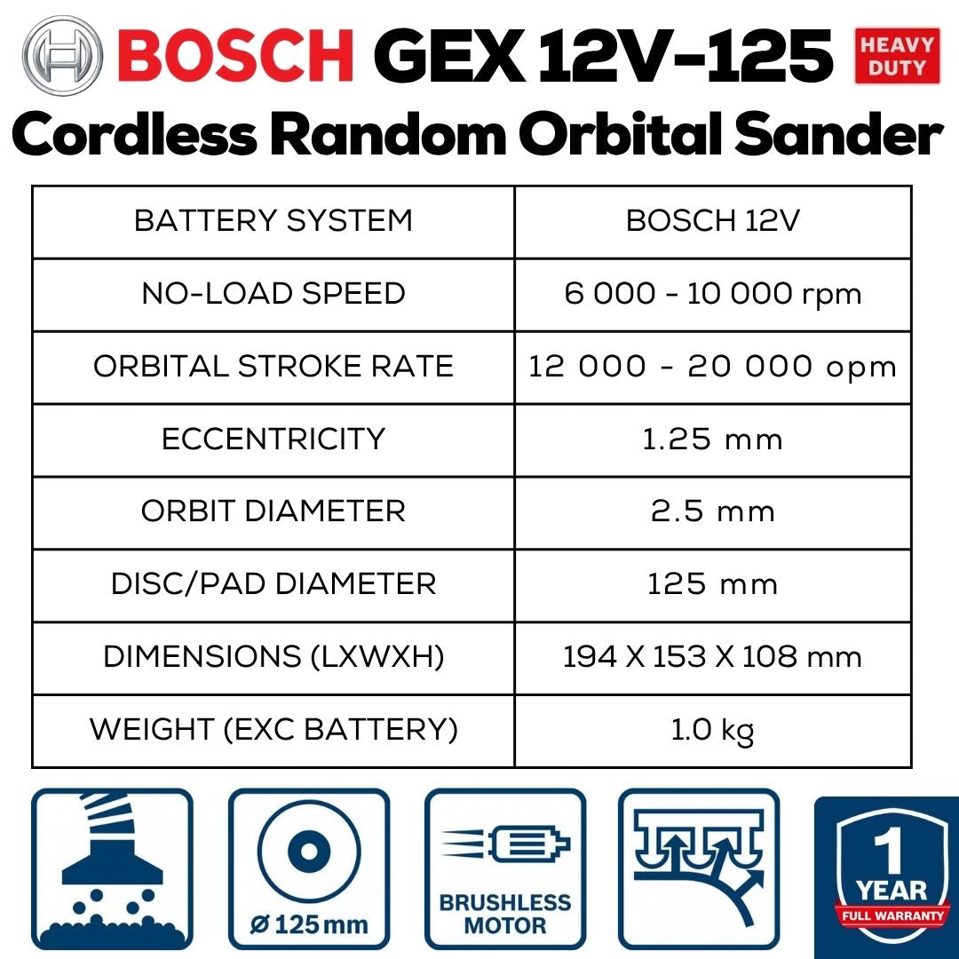Bosch GEX 12V-125 Cordless Orbital Sander | Machine Specifications