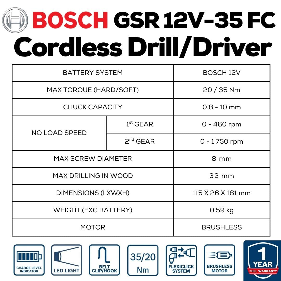 Bosch GSR 12V-35 FC Cordless Drill Driver - Machine Specifications