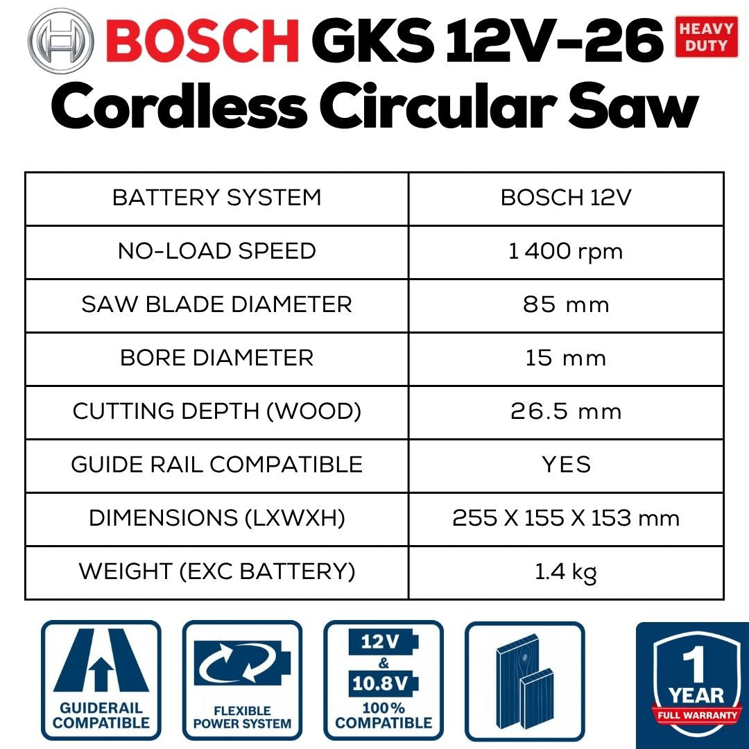 Bosch GKS 12V-26 Cordless Circular Saw - Machine Specifications