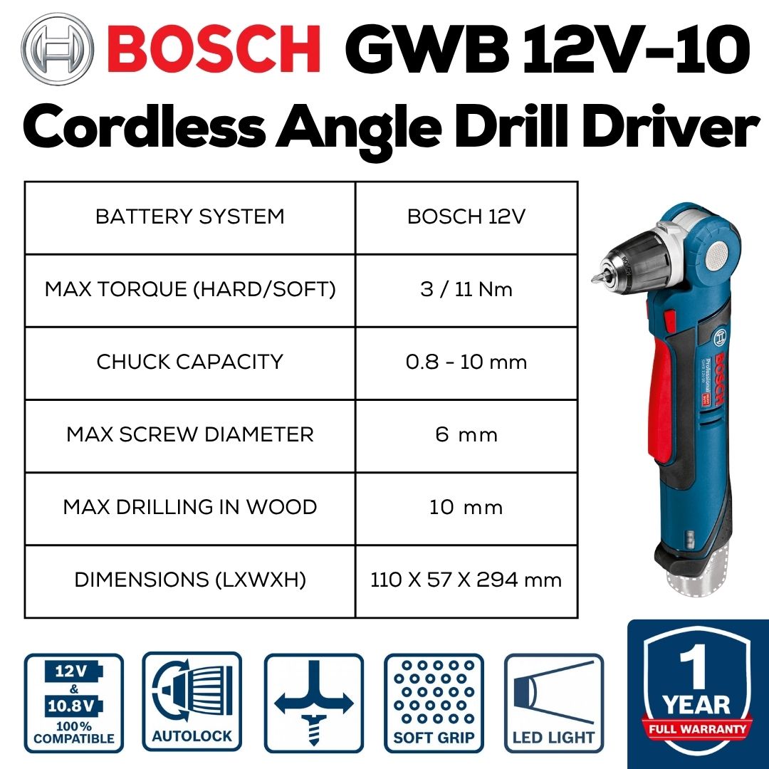 Bosch GWB 12V-10 Cordless Angle Driver - Specifications