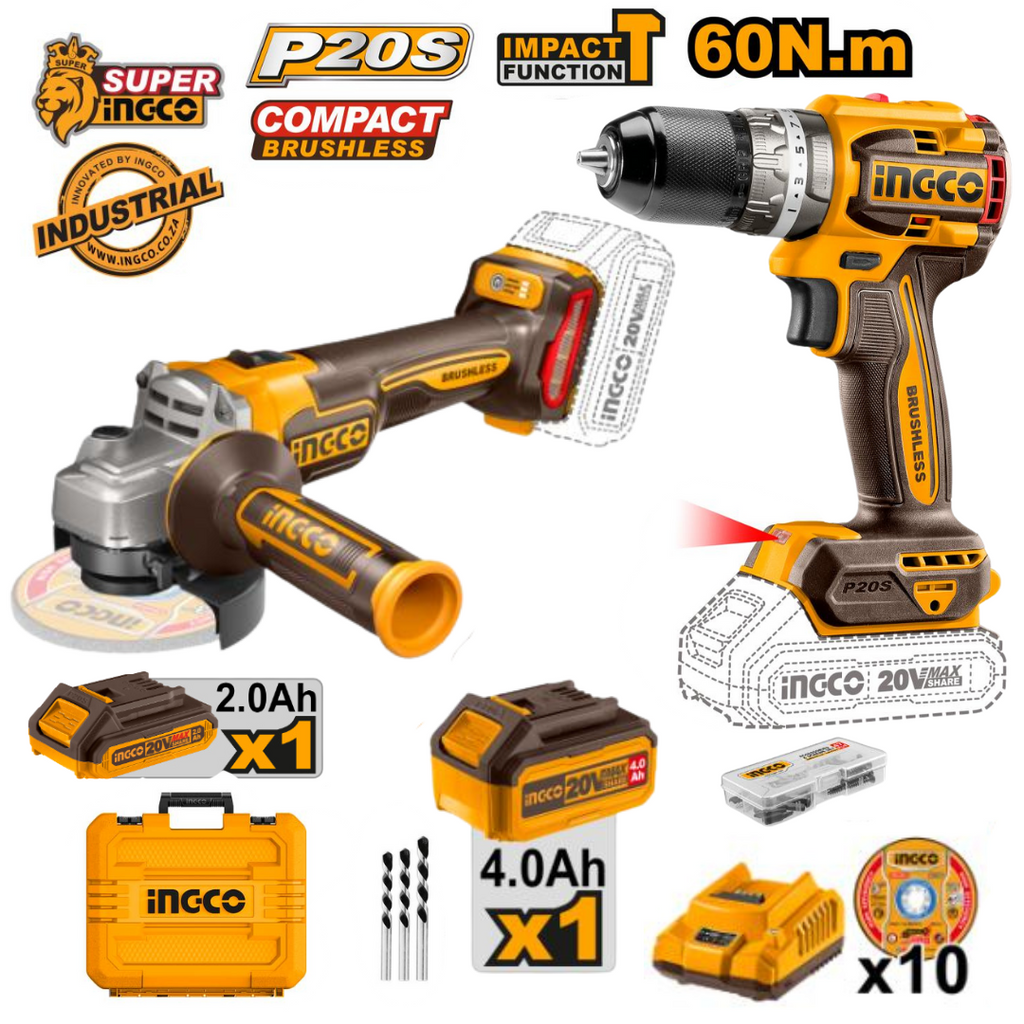 Ingco 20V Angle Grinder + Impact Drill Set (With Batteries)