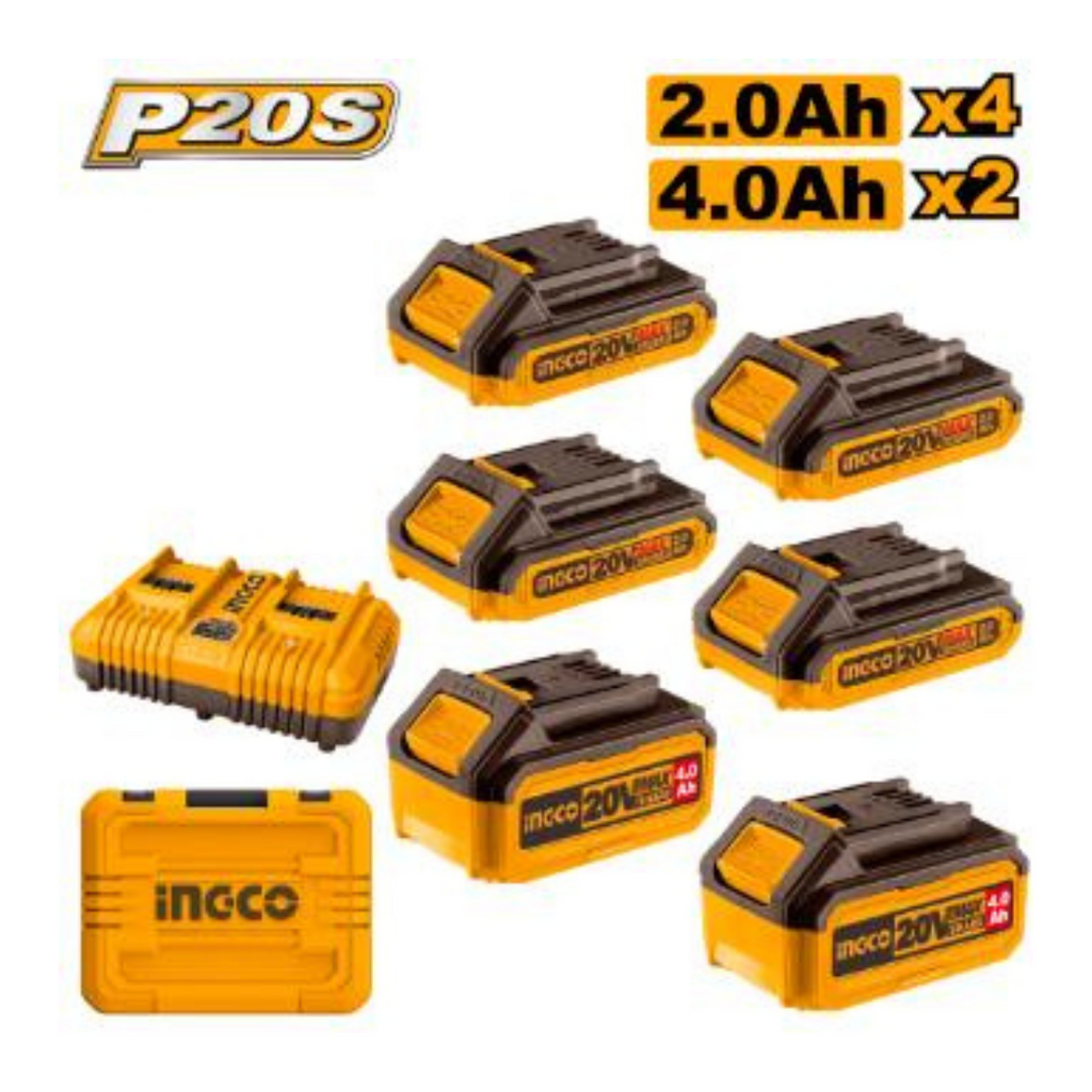 Ingco 20V Battery Kit 7 Piece (4x 2.0Ah + 2x 4.0Ah +  Fast Dual Charger)