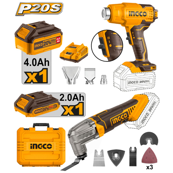 INGCO 20V MULTI-TOOL & HEAT GUN COMBO (WITH 2X BATTERIES AND CHARGER)