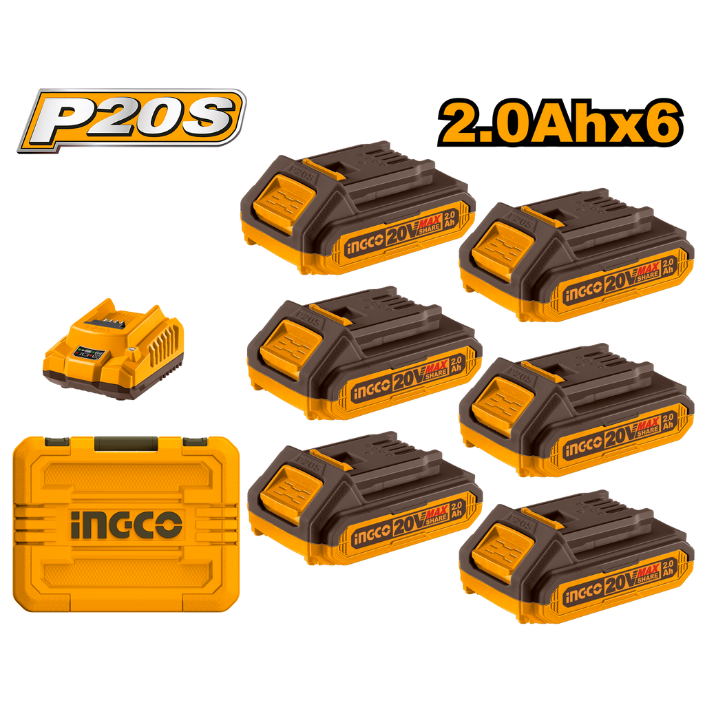 Ingco 20V Battery Pack 2.0Ah Pack Of 6 And Charger