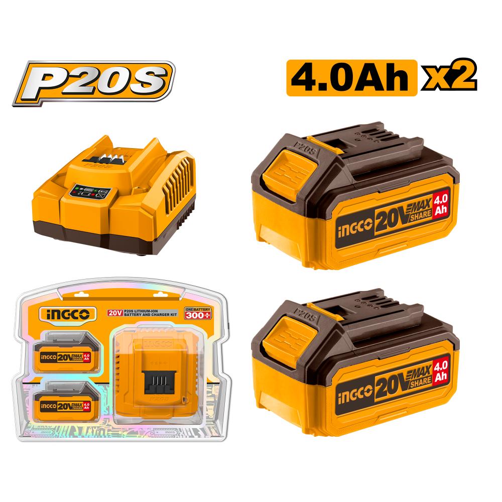 Ingco 20V Battery Pack 4.0Ah Pack Of 2 And Fast Charger