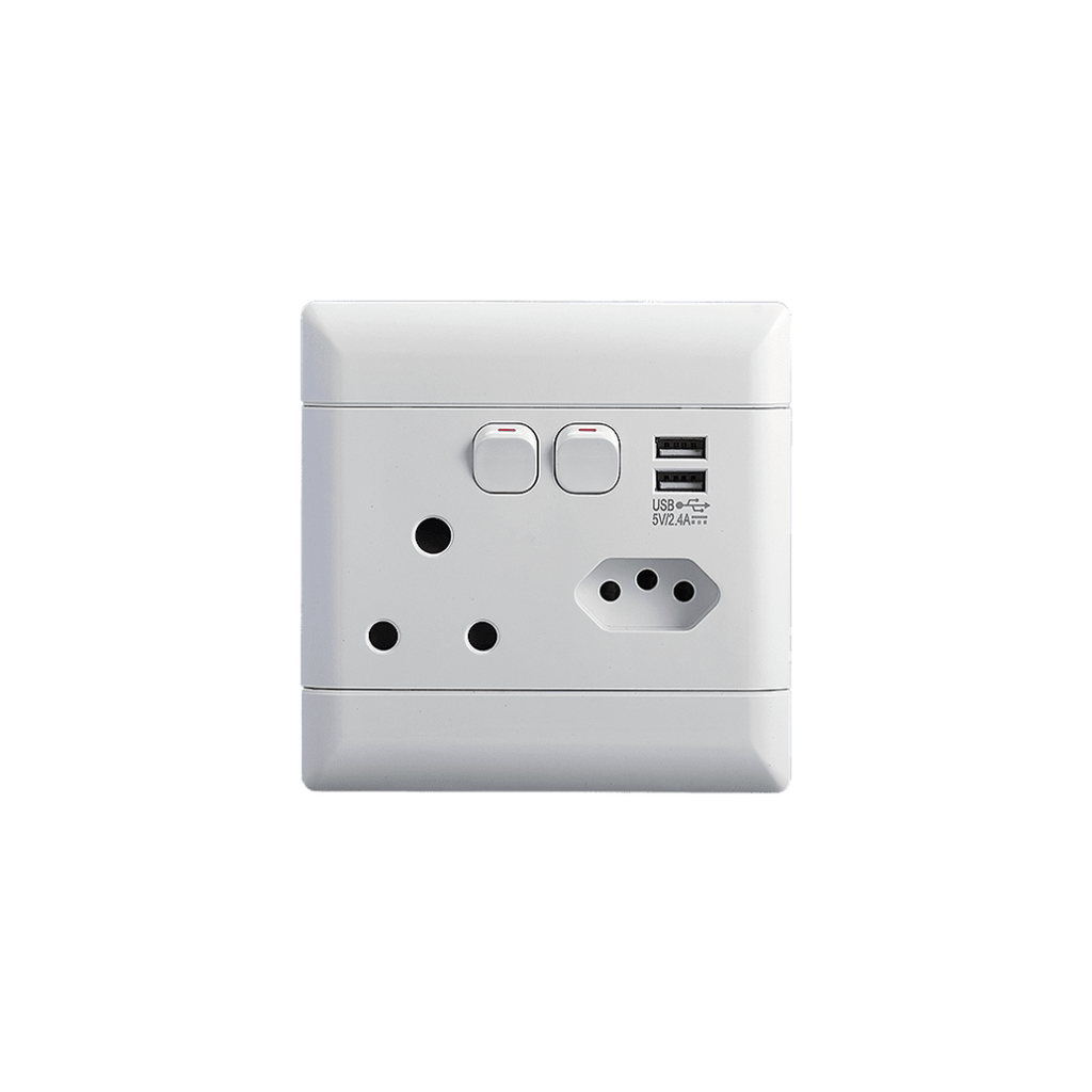 NEU White Single Socket + Euro + 2 USB