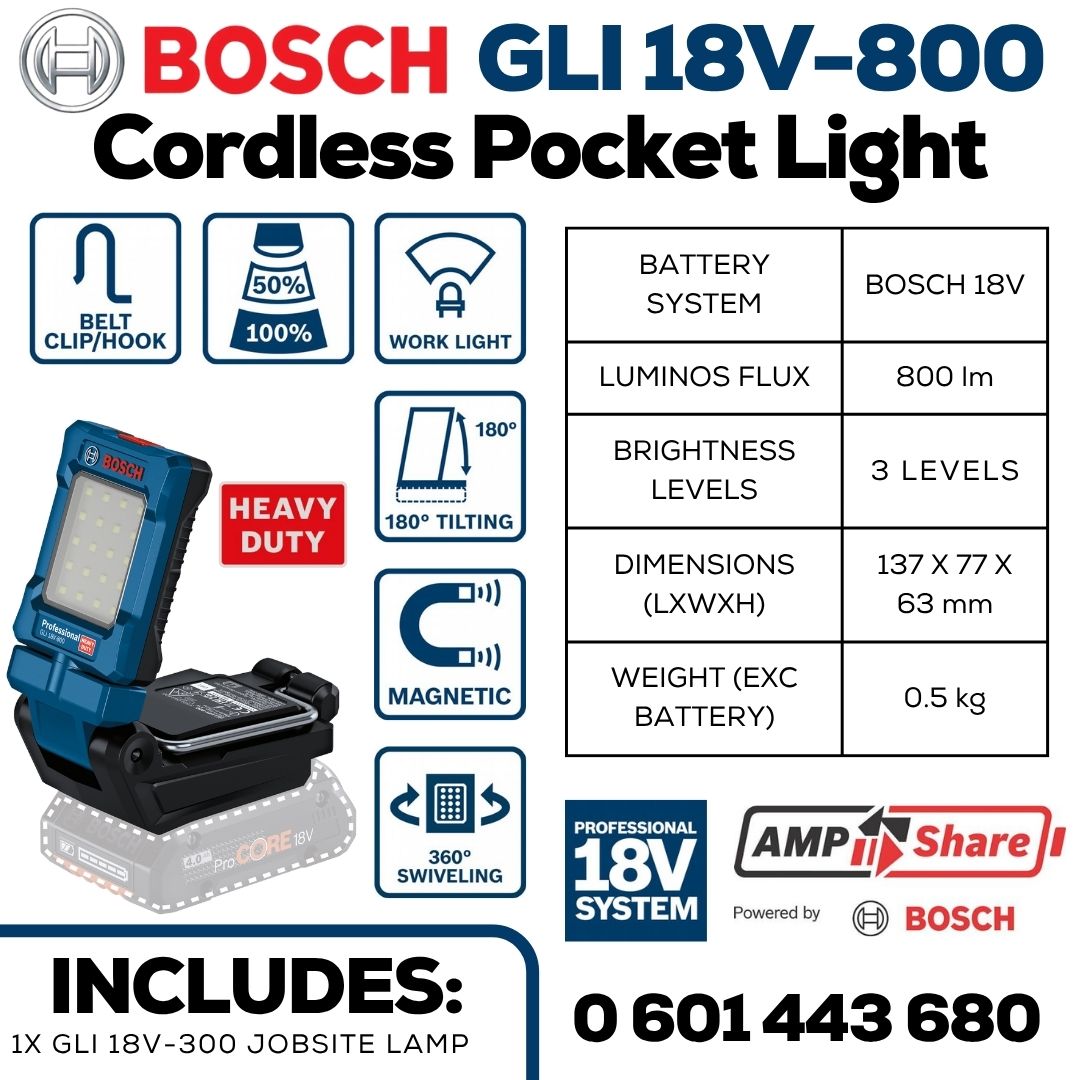 Bosch Professional Cordless Work Light  GLI 18V-800 | Specifications